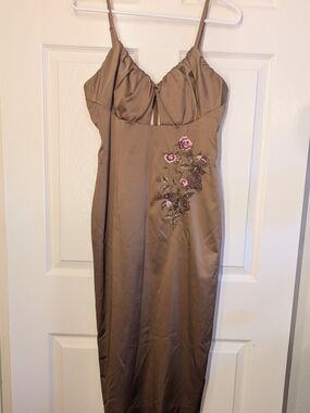 Brown Satin Midi Slip Dress with Pink Floral Embroidery